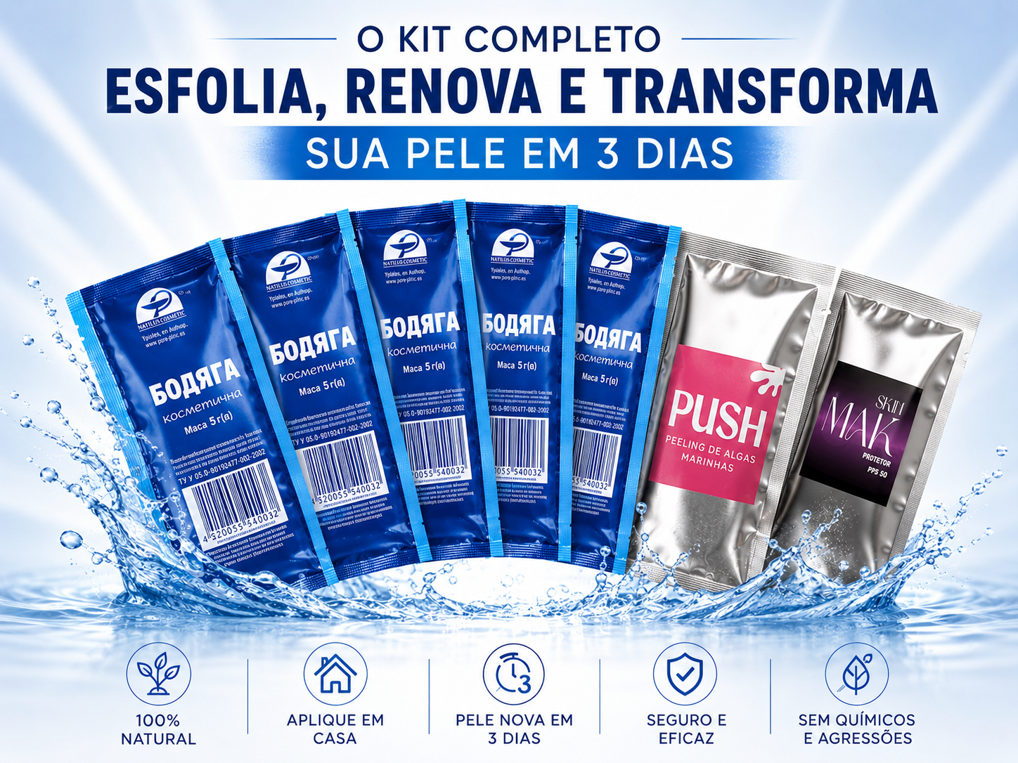 Kit 5 Peelings de Algas com Calmante Pós e Protetor Solar em Pó